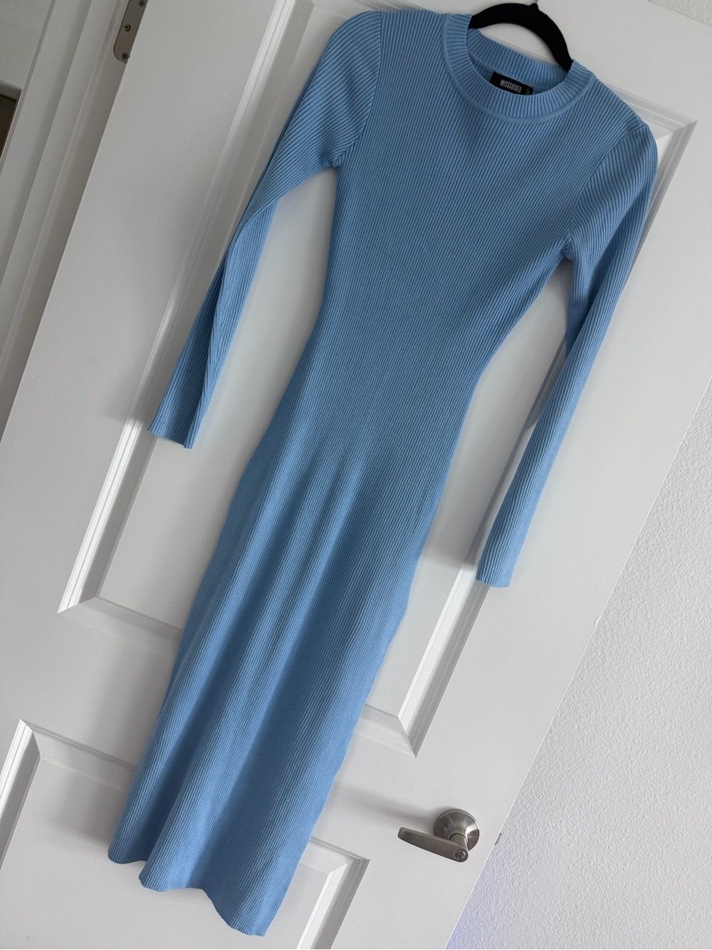 Missguided + Sky Blue Ribbed Long Sleeve Midi Dress